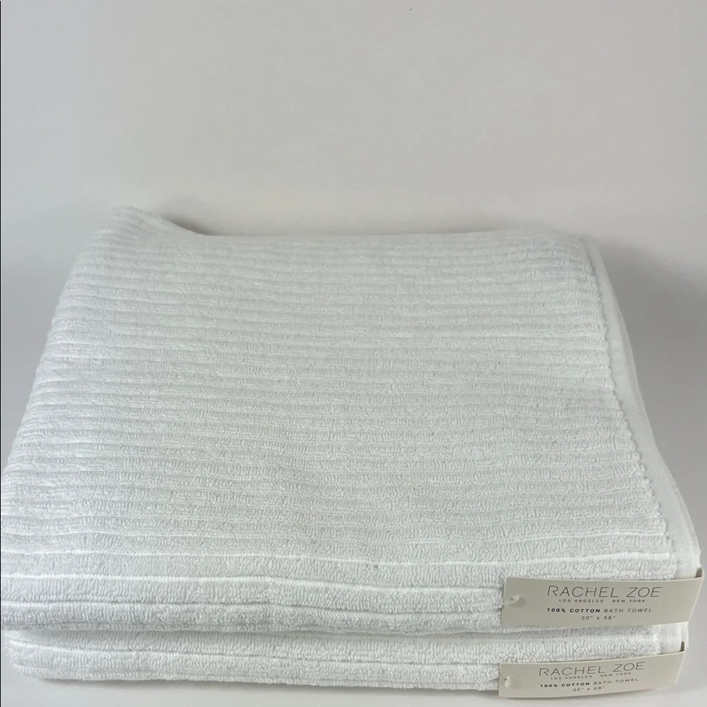 Rachel Zoe Bath Towels Pure White Ribbed Texture 100% Cotton Soft Set of 2 NEW